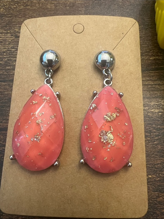 Jewelry - Coral Teardrop Dangle Earrings with Gold Flake Accents